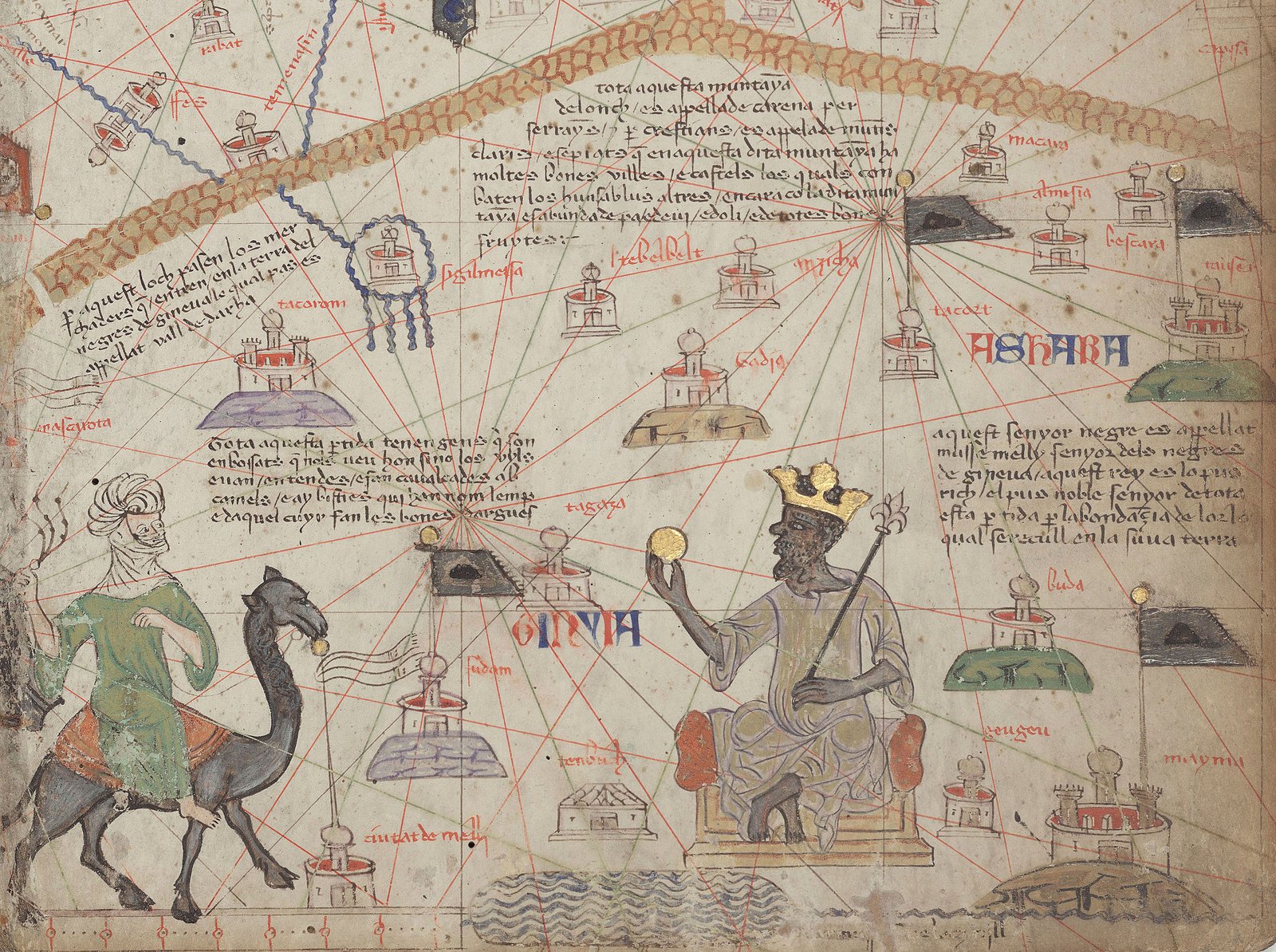 Détail de l'Atlas catalan de 1375 : marchand à dos de chameau et souverain ouest-africain trônant