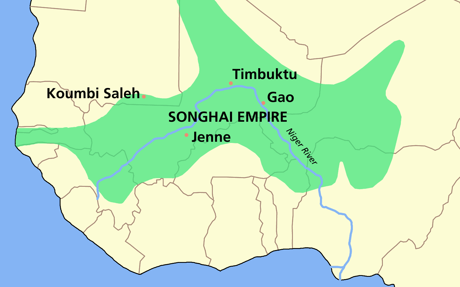 Carte de l'empire Songhaï, de Tombouctou à Gao le long du Niger
